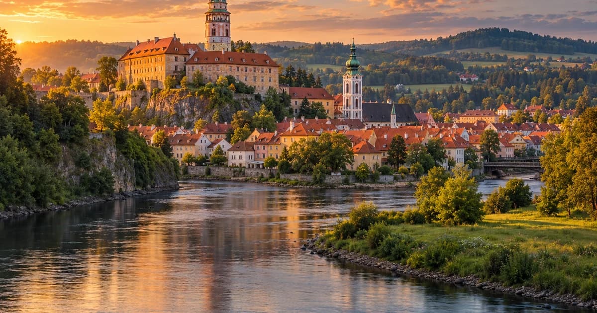 Illustration of a Bohemian river town with red roofs and a castle tower