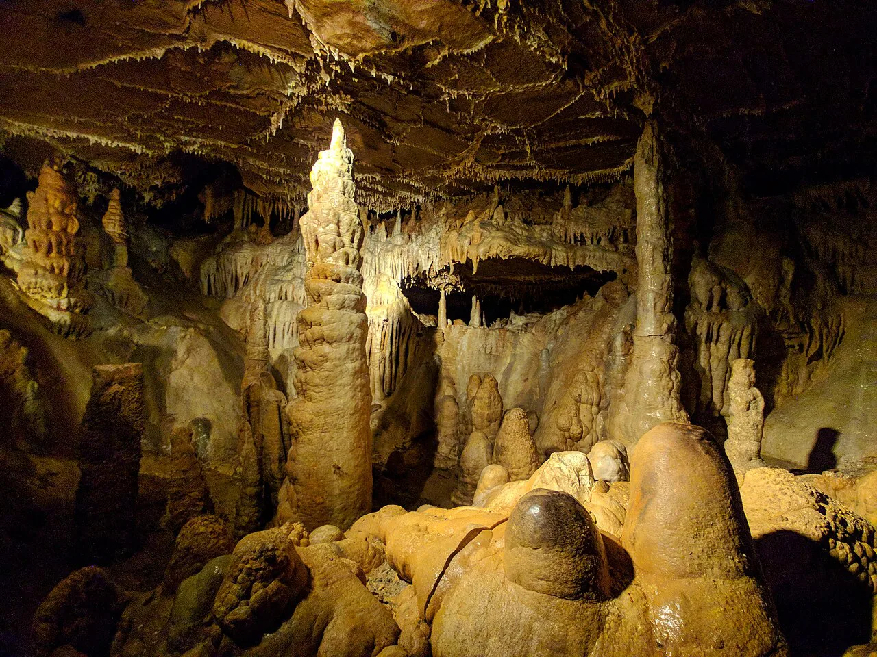 Stalagmite columns lit inside Balcarka Cave.