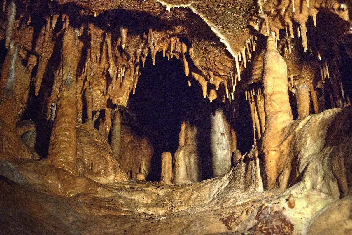 Stalactites and stalagmites inside Balcarka Cave in the Moravian Karst.
