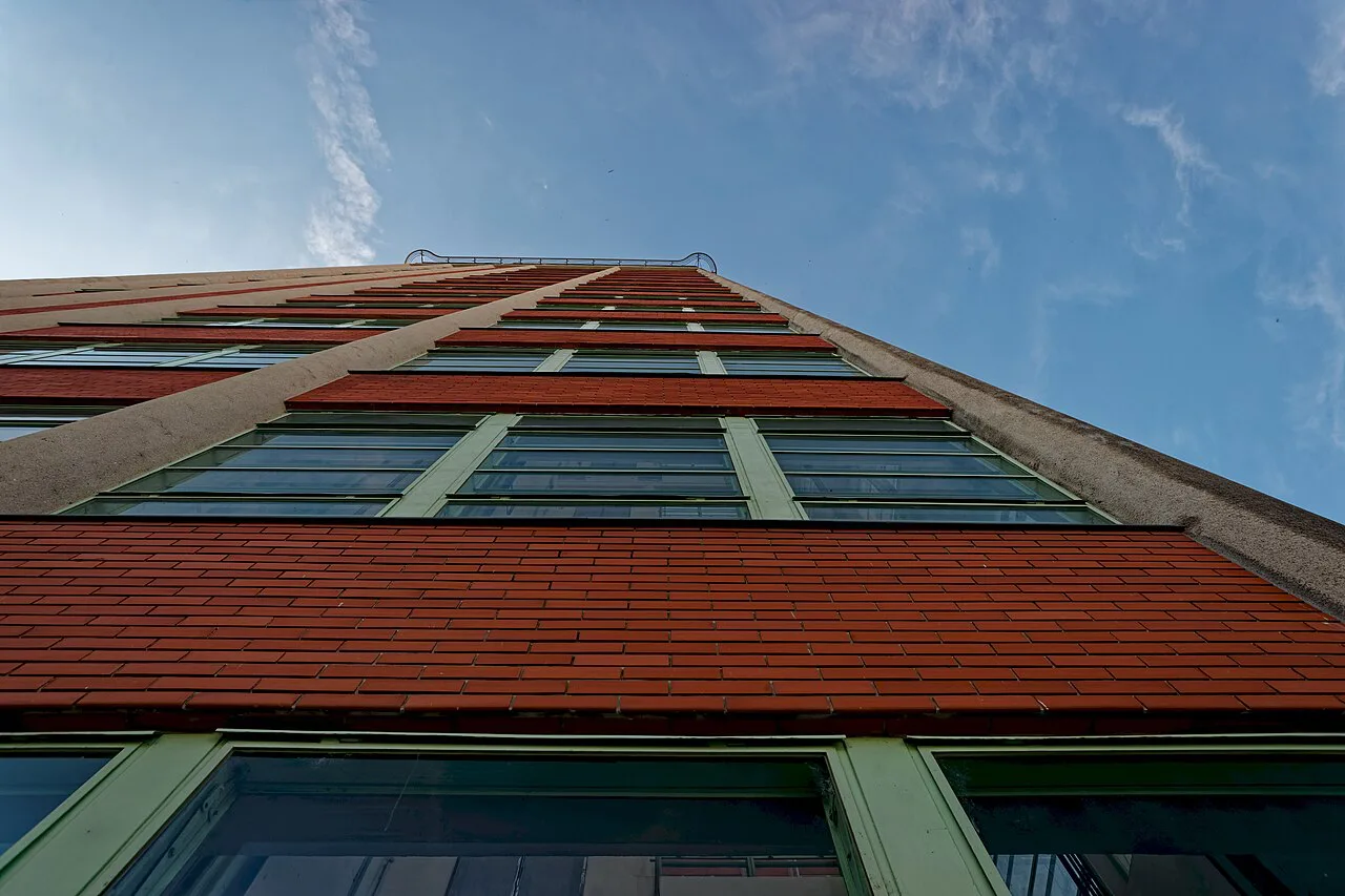 Looking up the east façade of Baťa's Skyscraper in Zlín.