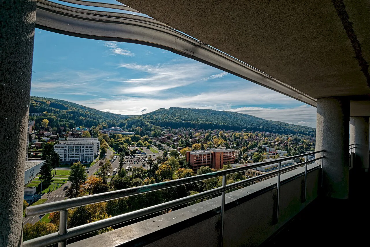 View south over Zlín from the 17th floor of Baťa's Skyscraper.