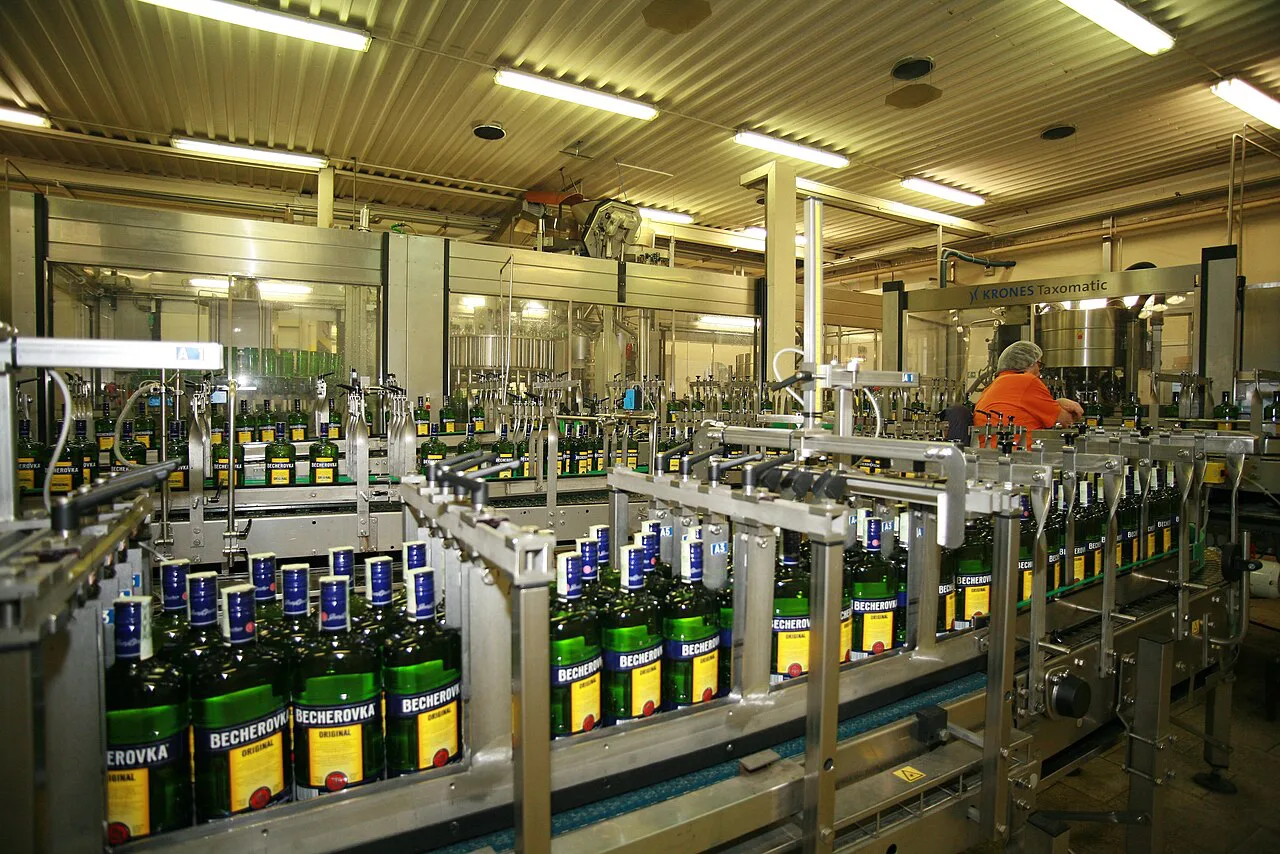 The bottling line at the Jan Becher Becherovka factory, Karlovy Vary.