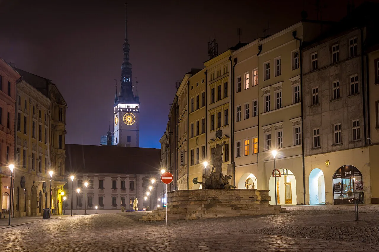 Olomouc City Hall tower seen from Dolní náměstí at night.