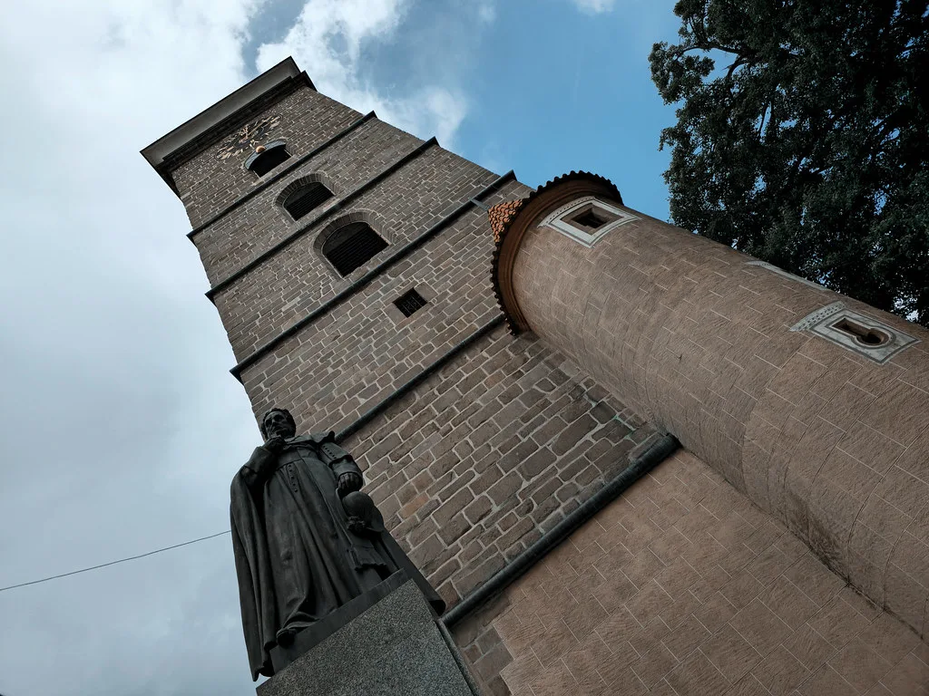The Black Tower in České Budějovice, with the statue of Bishop Jan Valerián Jirsík