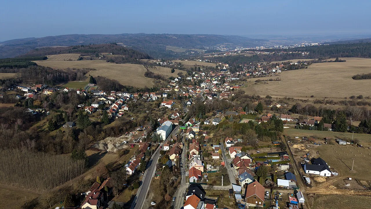 Drone view of Olomučany and Klepačov, with Blansko in the distance