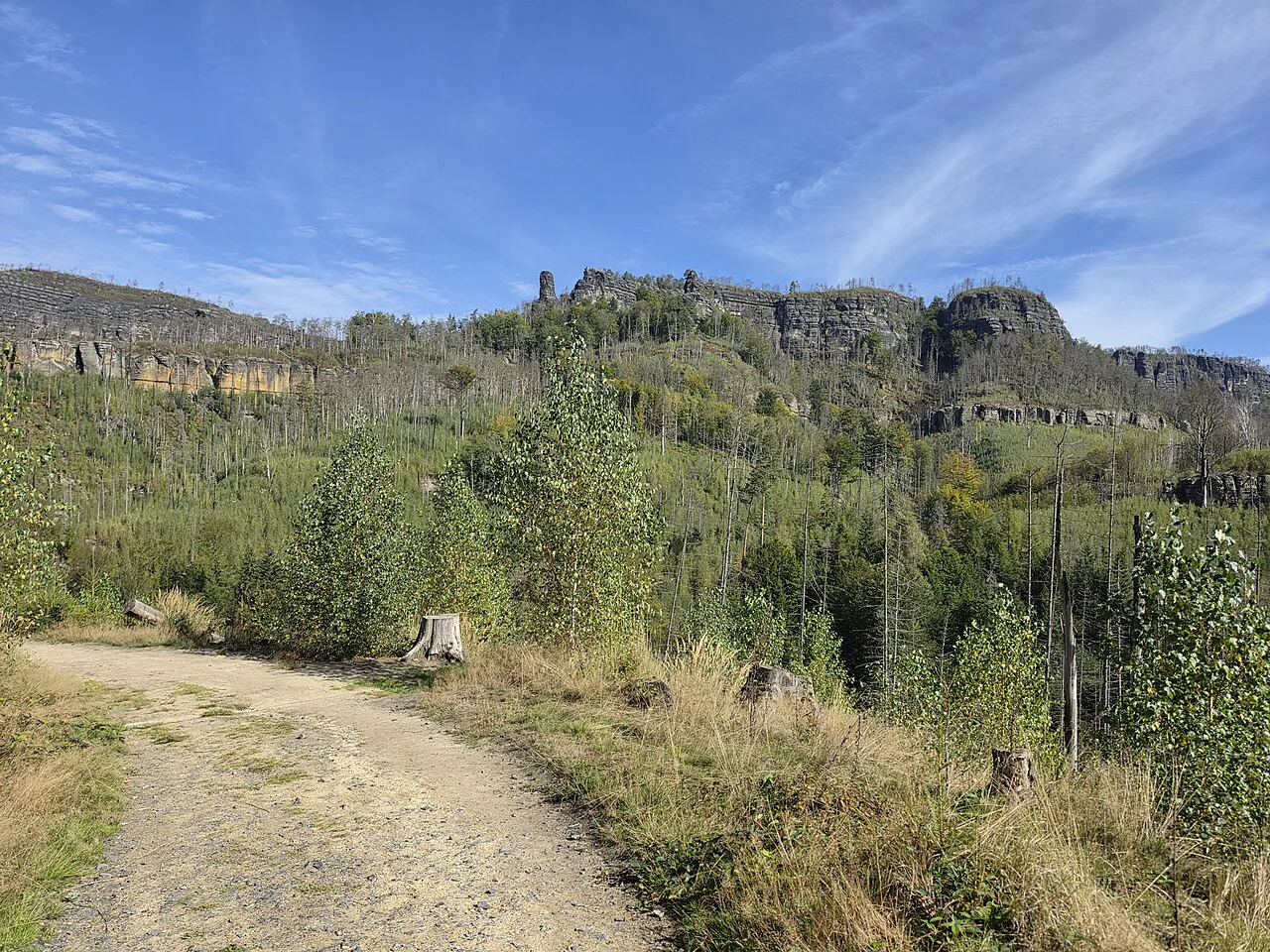 Sandstone cliffs above a trail in Bohemian Switzerland National Park.