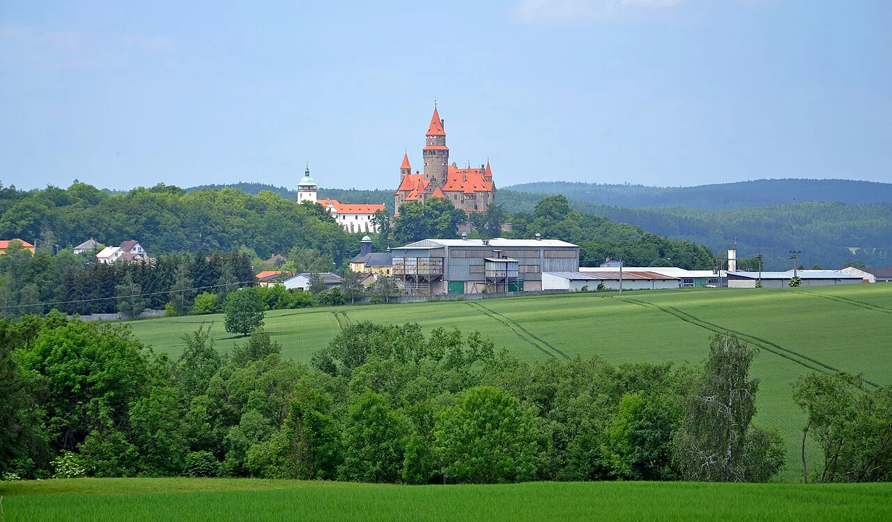 Bouzov Castle above the surrounding countryside.