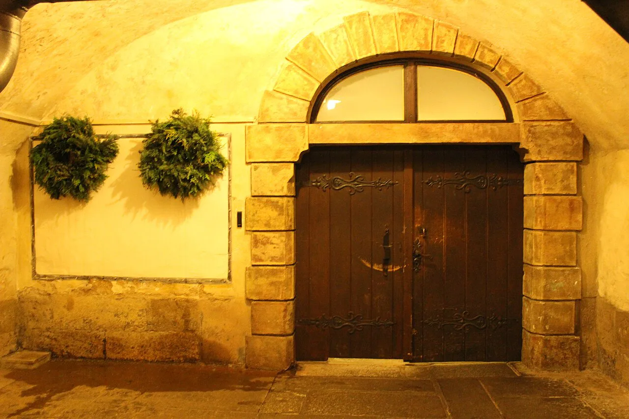 Wreaths at a cellar entrance in the Plzeň brewery, a traditional sign that beer had been brewed.