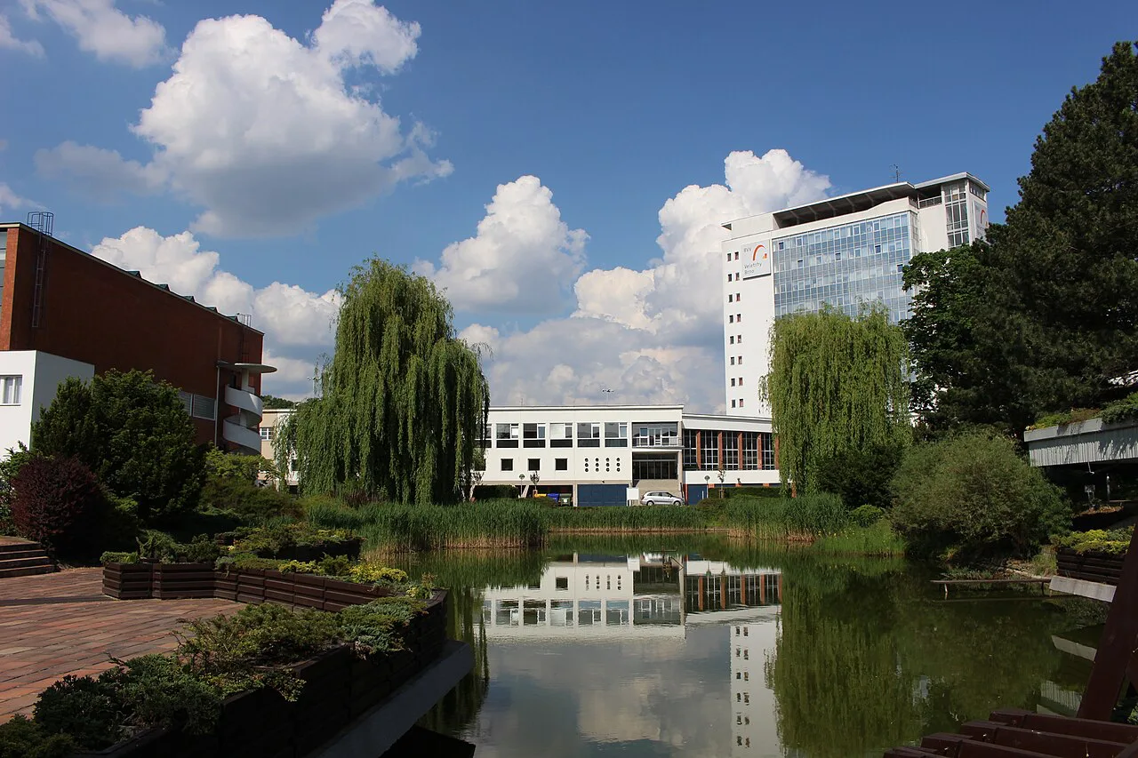 A pond in front of the office buildings at the Brno Exhibition Centre.