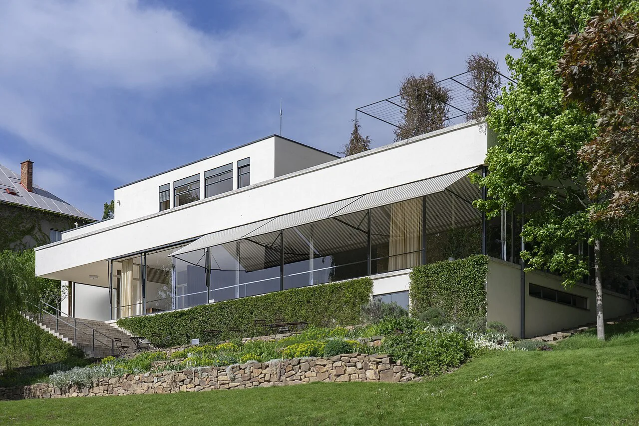 Villa Tugendhat in Brno, seen from its garden.