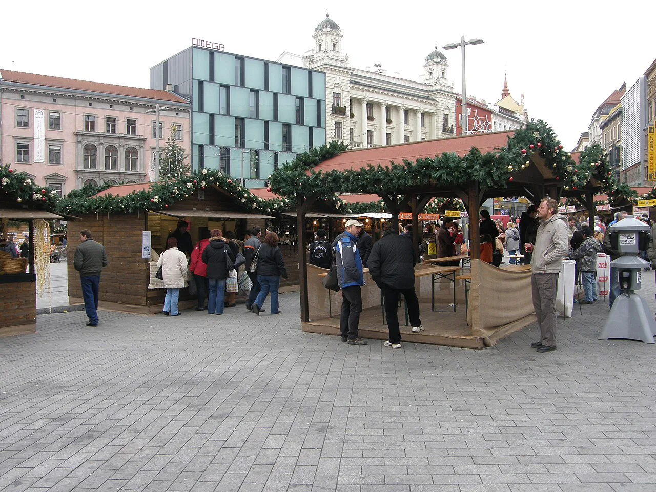 Christmas market stalls on Náměstí Svobody, Brno.
