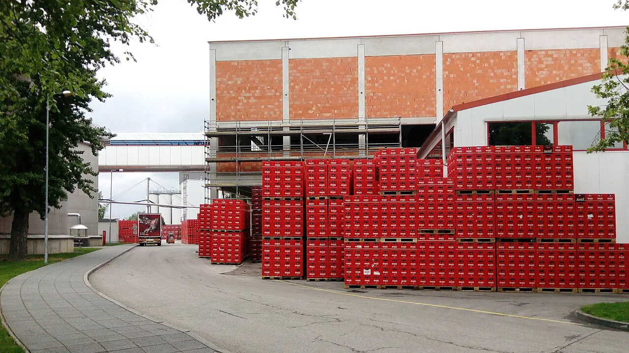 Stacks of beer crates at the Budweiser Budvar brewery.