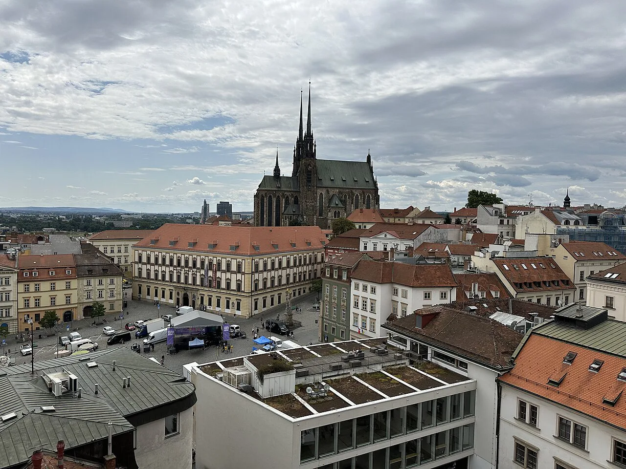 The Cabbage Market and the Cathedral of St. Peter and Paul, seen from the Old Town Hall tower in Brno.