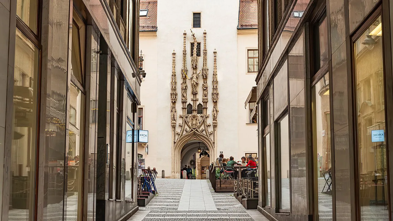 The Gothic portal of Brno's Old Town Hall, seen from Průchodní Street.