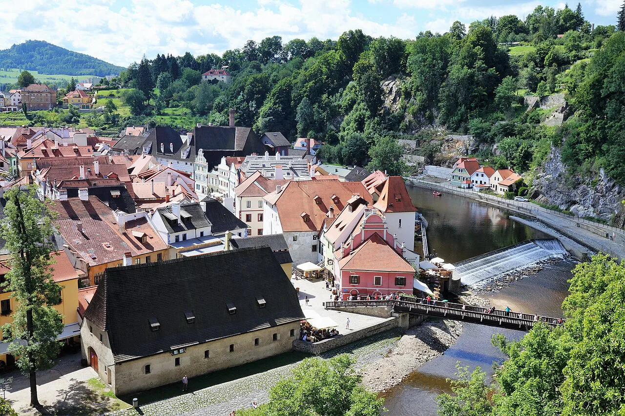 The Vltava River curving past the old town of Český Krumlov.