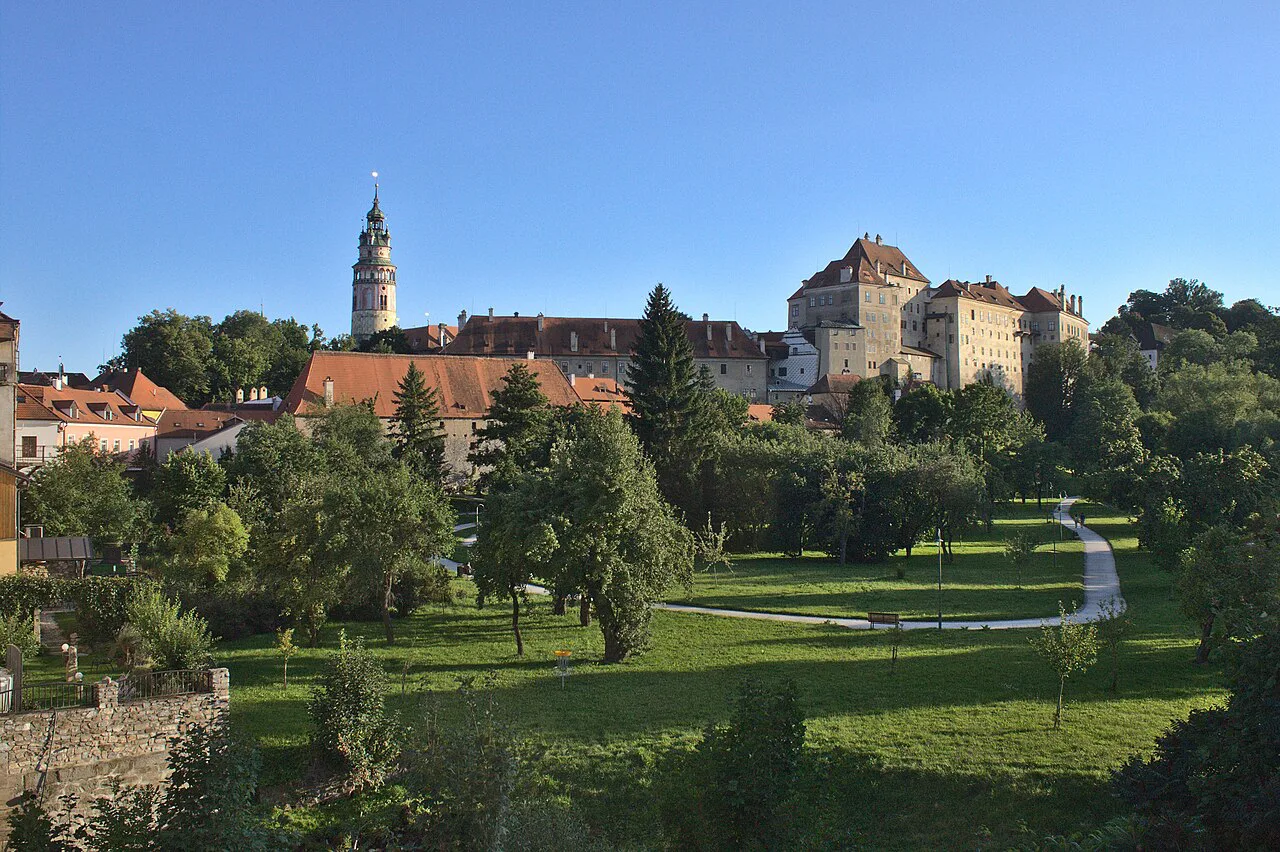 Český Krumlov Castle and its tower seen from near the Budějovice Gate.