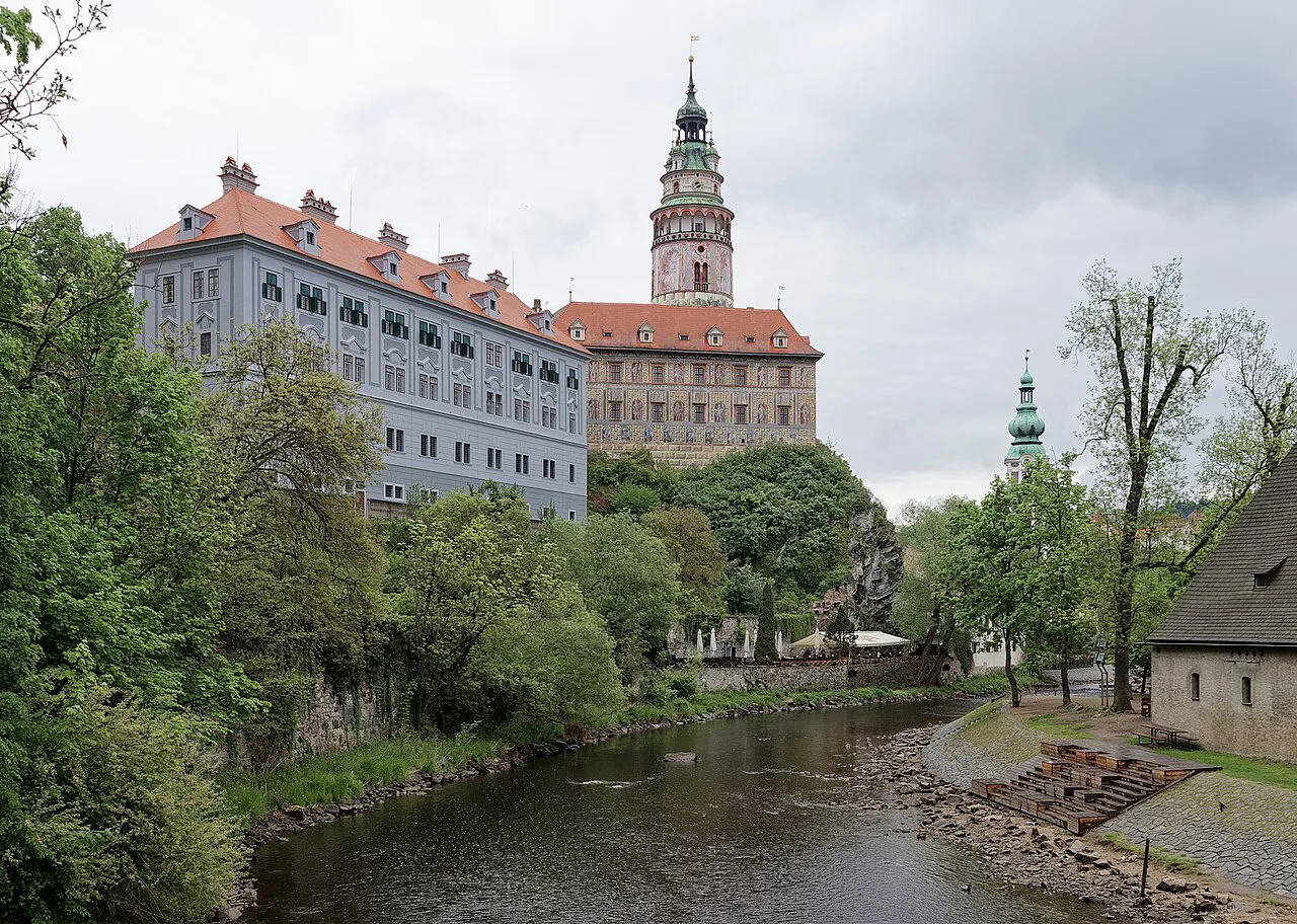 Český Krumlov Castle above the Vltava, seen from the Deer Footbridge.