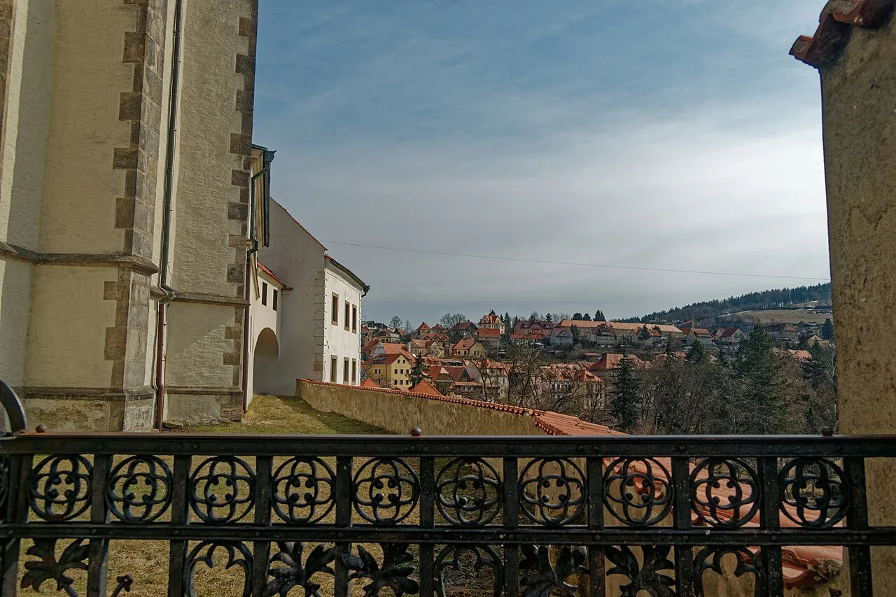 View east over Český Krumlov from the terrace by St. Vitus Church.