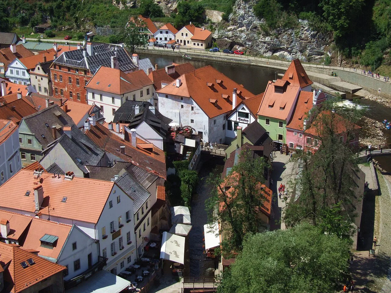 Red roofs of Český Krumlov seen from the castle tower.
