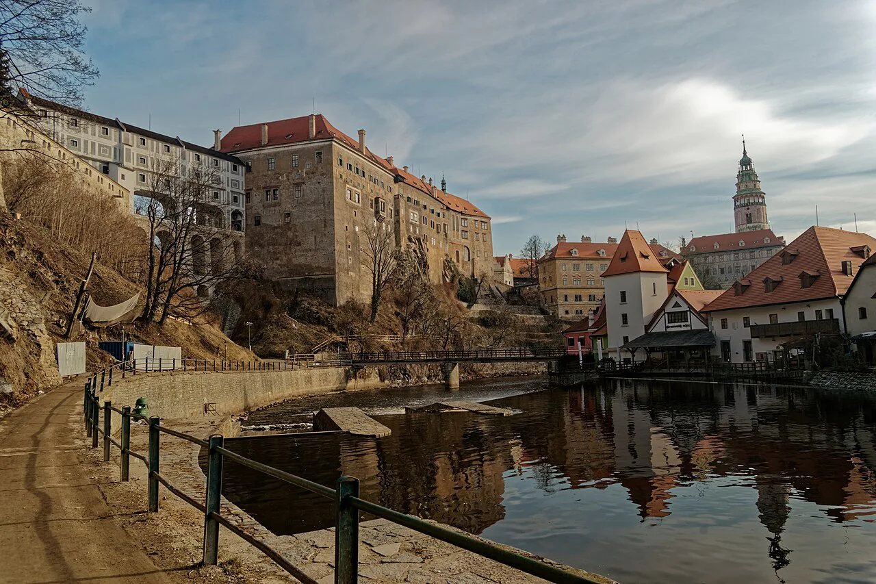 Český Krumlov Castle viewed from Rybářská Street across the Vltava.