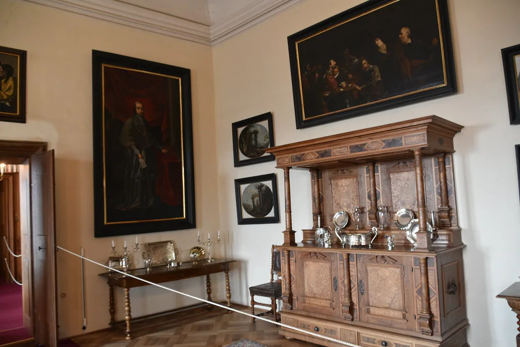 Period furniture and paintings in an interior room of Český Šternberk Castle