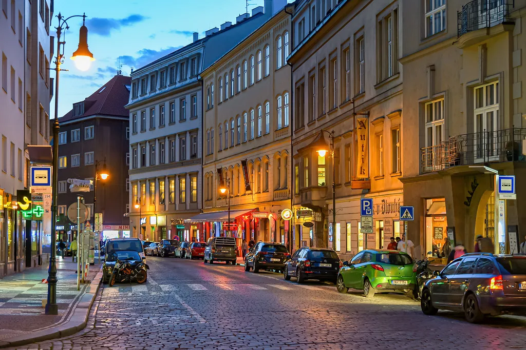 Dlouhá Street in Prague's Old Town at dusk