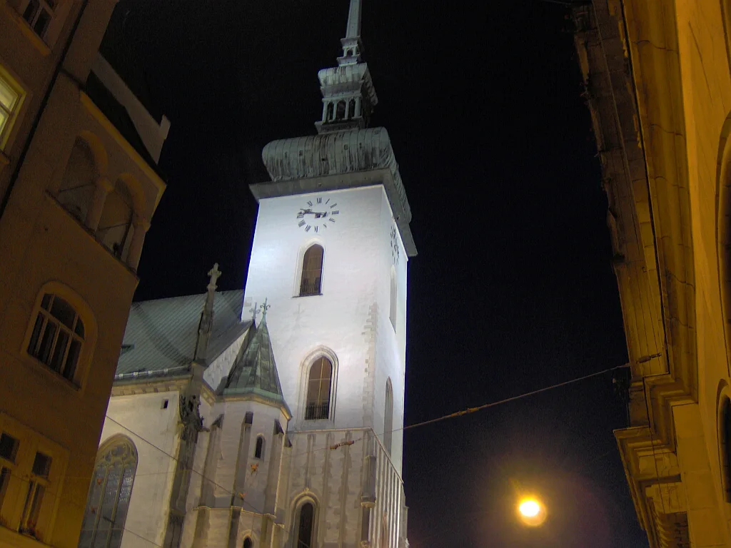 The tower of the Church of St. James at night, Brno.