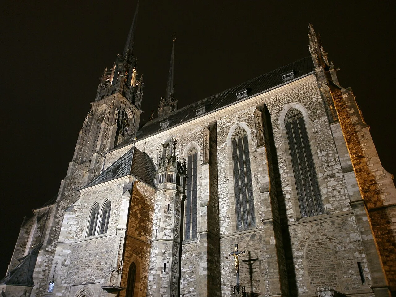 The Cathedral of Saints Peter and Paul in Brno at night.