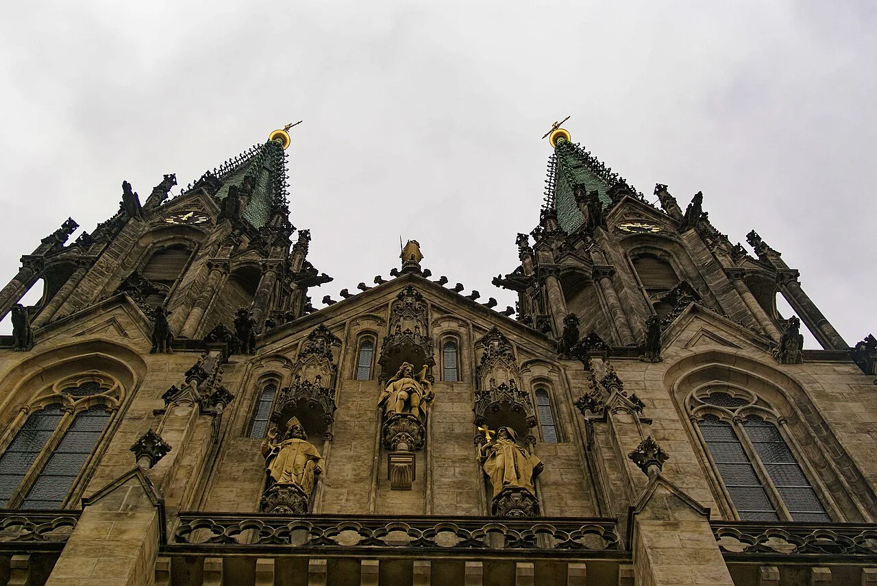 Neo-Gothic spires and sculpture on the facade of St. Wenceslas Cathedral, Olomouc.