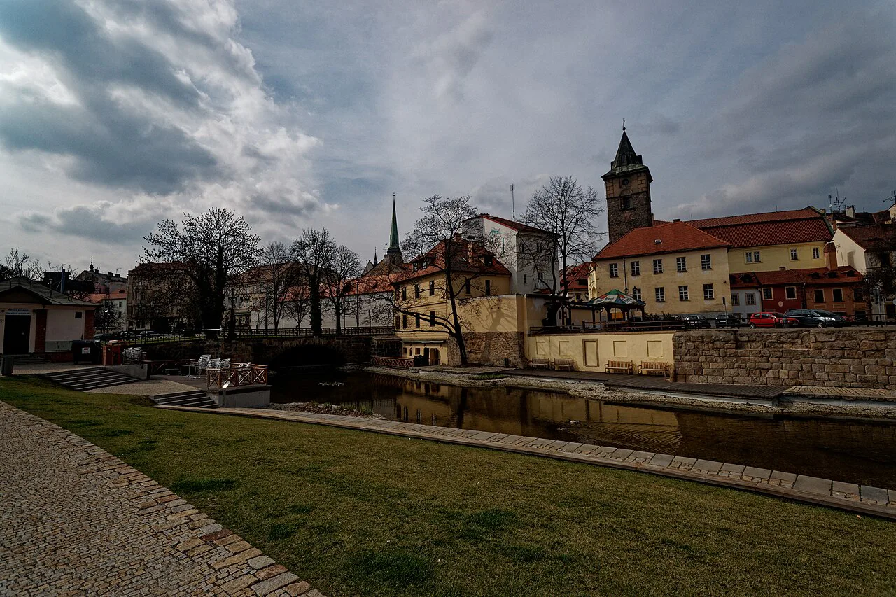 Mlýnská strouha in Plzeň with the Old Water Tower and the spire of St. Bartholomew's Cathedral behind