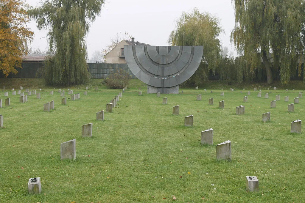 The Jewish Cemetery in Terezín with its menorah memorial.