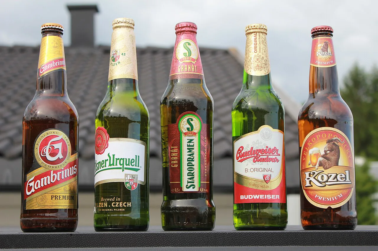 Bottles of Czech beers including Gambrinus, Pilsner Urquell, Staropramen, Budweiser Budvar and Kozel