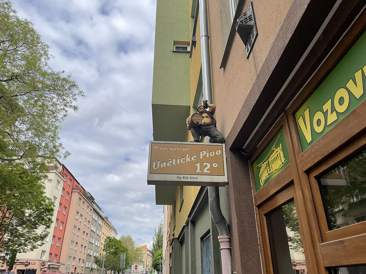 A pub sign for Unětické pivo in Prague's Žižkov district.