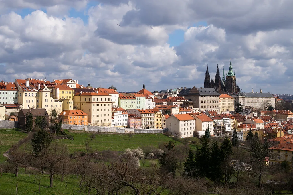 Prague rooftops with Prague Castle and St. Vitus Cathedral
