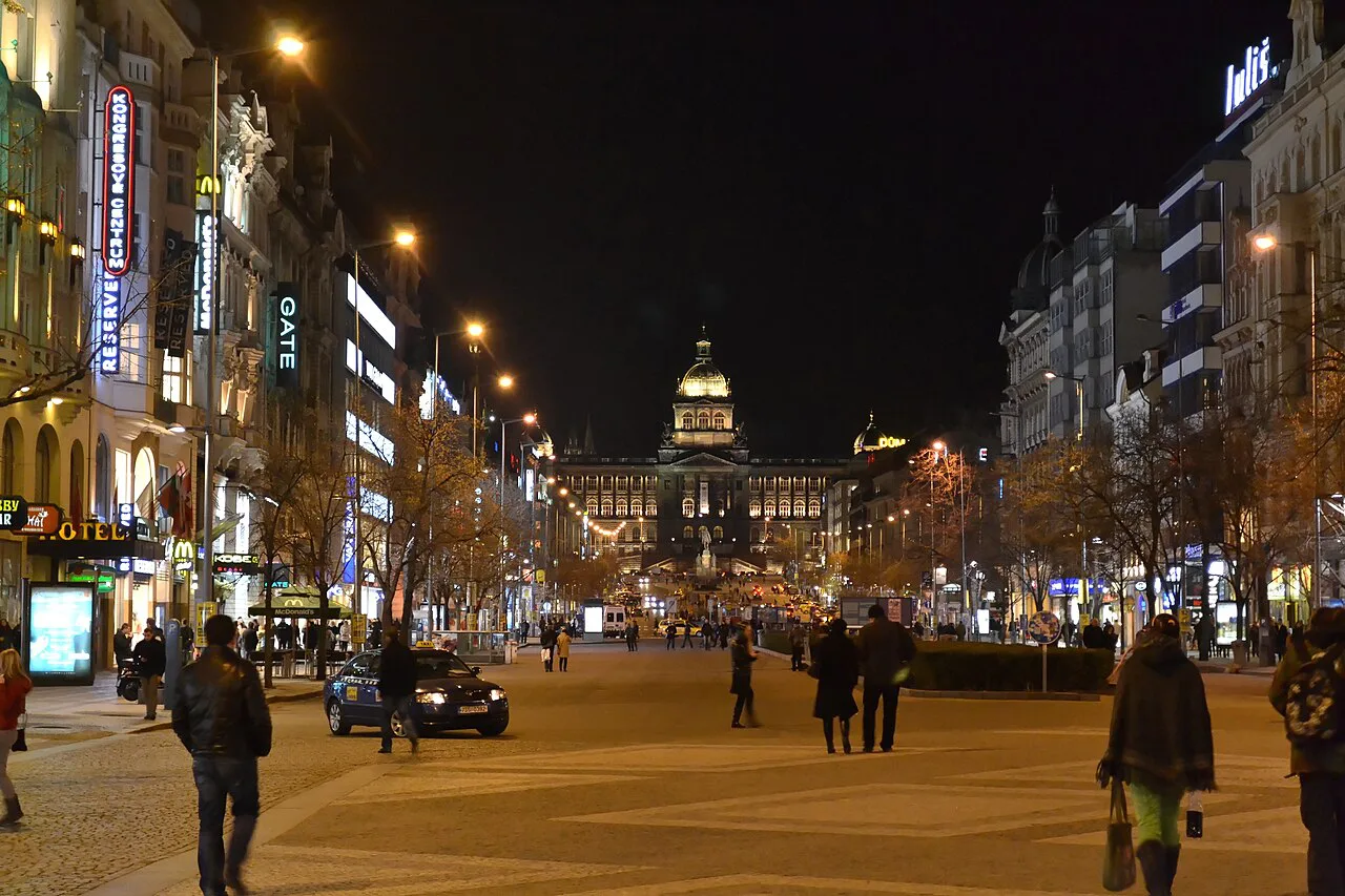 Wenceslas Square at night, with the National Museum at the top.