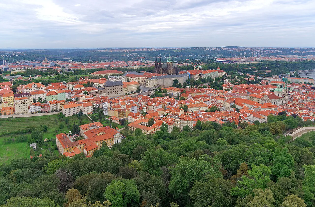 Prague Castle and the Malá Strana rooftops seen from Petřín.
