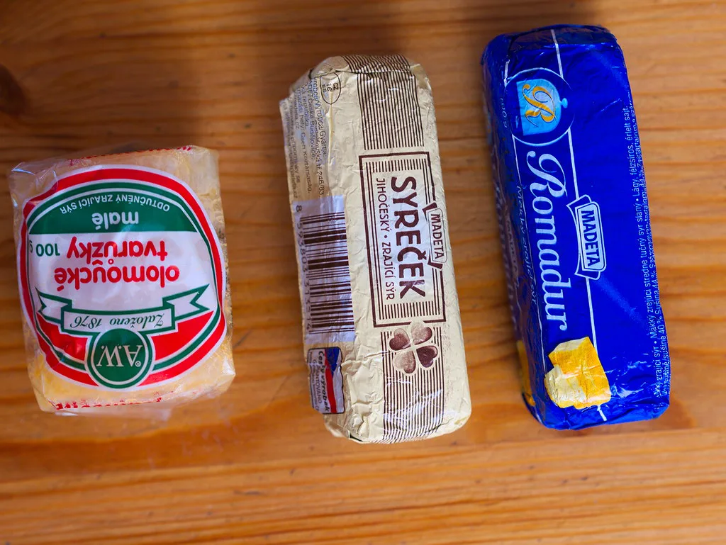 Packaged Czech cheeses: Olomoucké tvarůžky, syreček and Romadur
