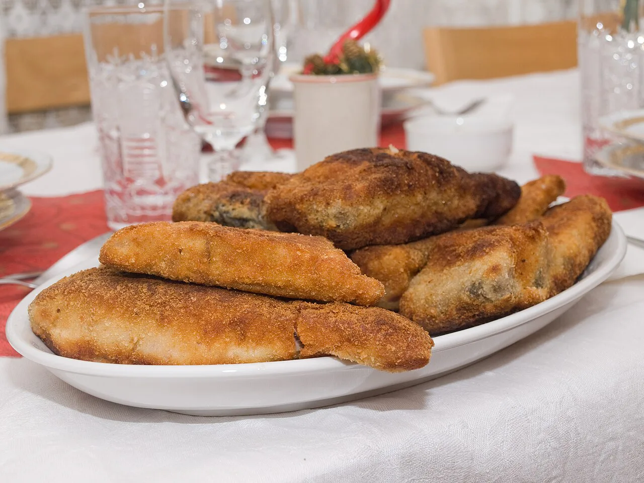 A platter of fried carp for Christmas dinner.