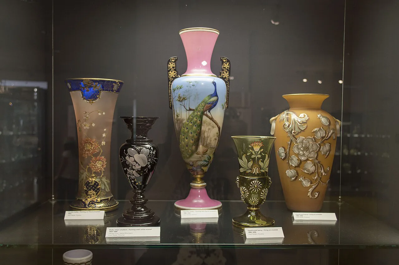 Decorated glass vases in the Museum of Glass and Jewelry in Jablonec nad Nisou.