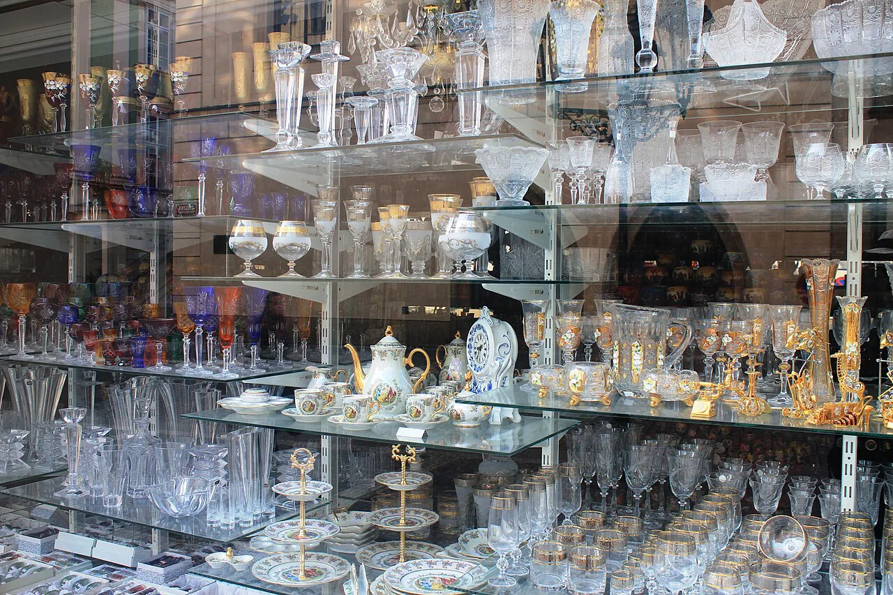 Shelves of Bohemian glass in a Prague shop.