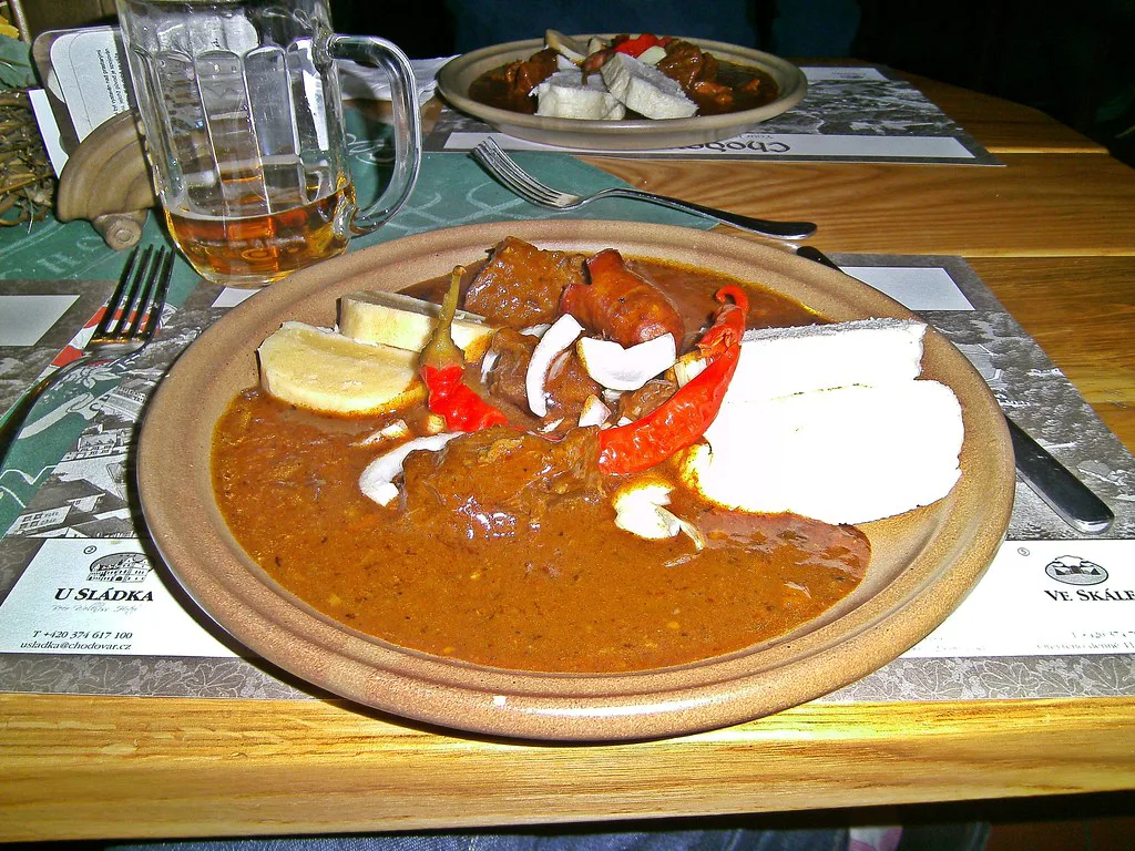 Goulash with two kinds of dumplings at the Chodovar brewery restaurant in Chodová Planá