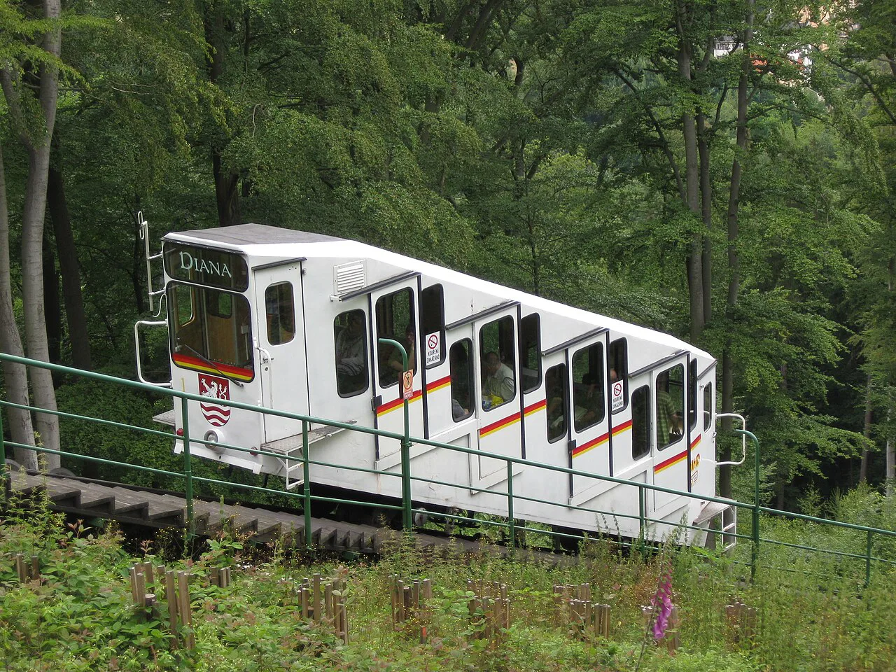 A Diana funicular car on its forested track, Karlovy Vary.
