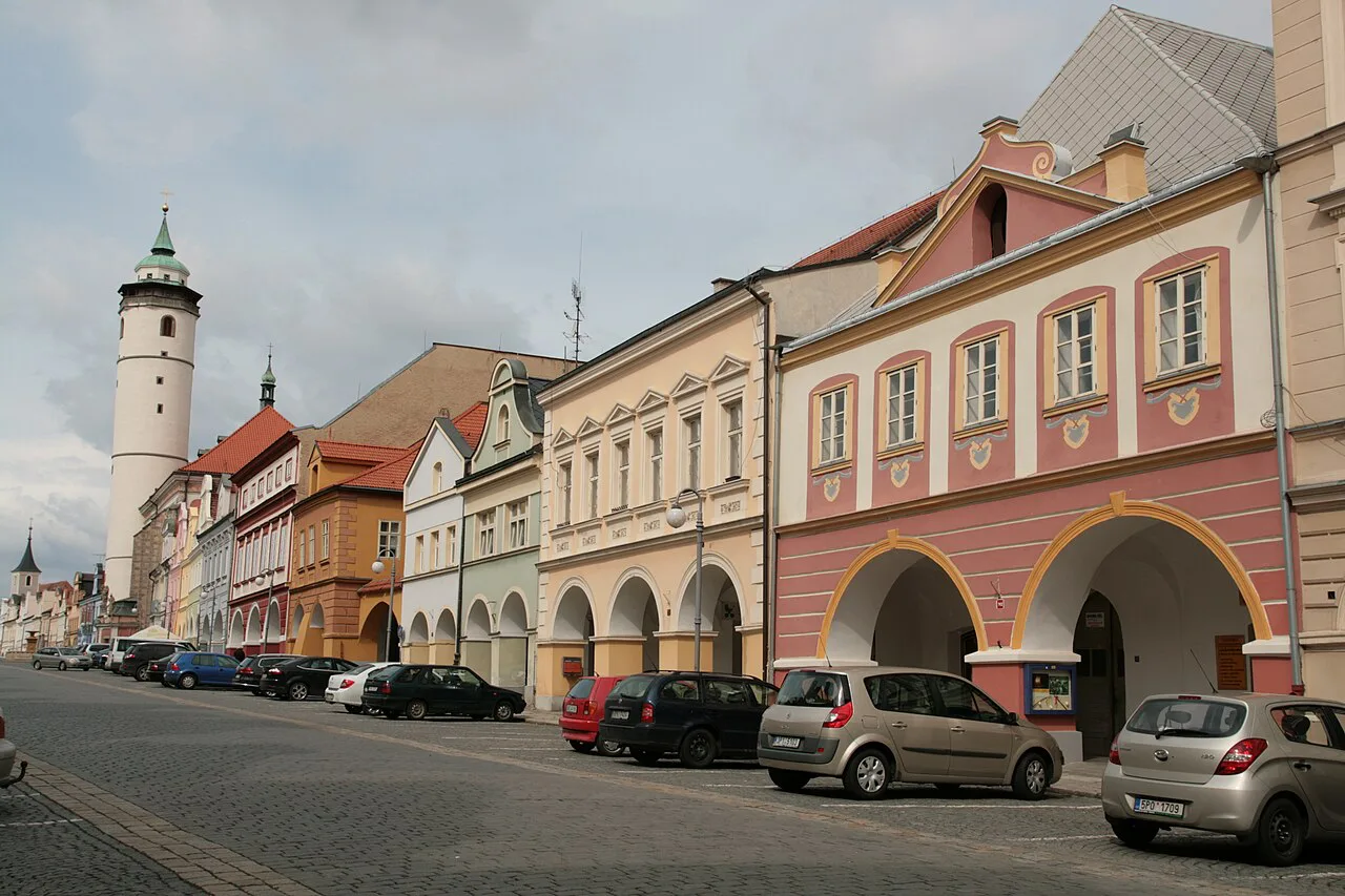 Náměstí Míru in Domažlice with the church tower