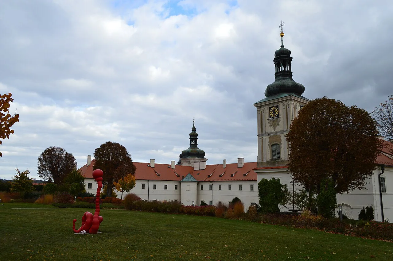 The Jesuit College and its garden with an outdoor sculpture, Kutná Hora.