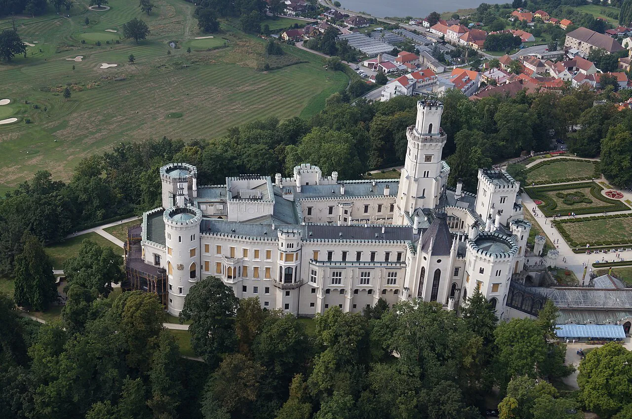 Aerial view of Hluboká Castle and its grounds.