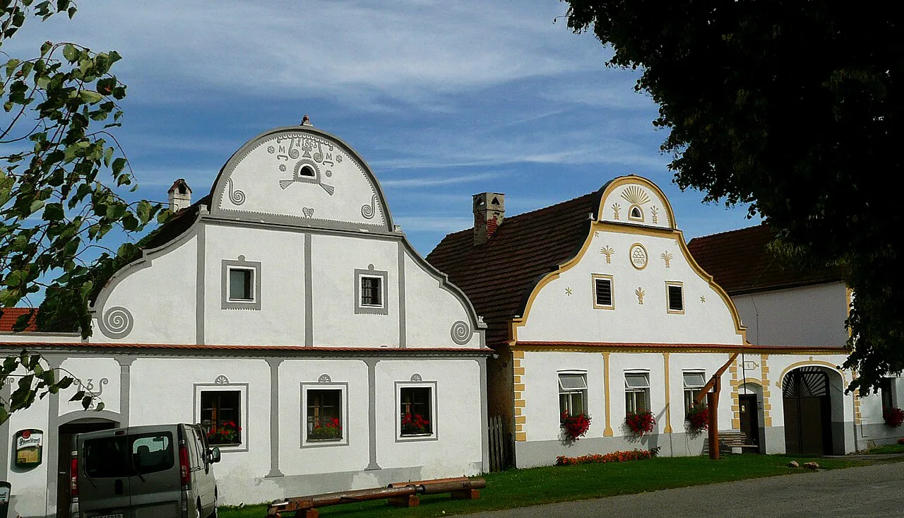 Two South Bohemian Baroque farmhouses dated 1863 in Holašovice.