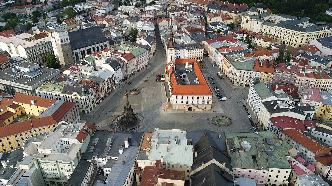 Aerial view of Horní náměstí with the Town Hall and Holy Trinity Column, Olomouc.
