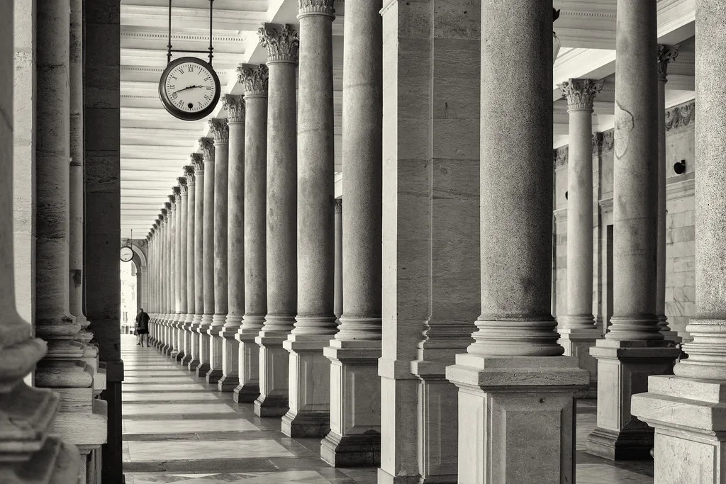 Venue view: colonnade architecture in Karlovy Vary, Czech Republic.