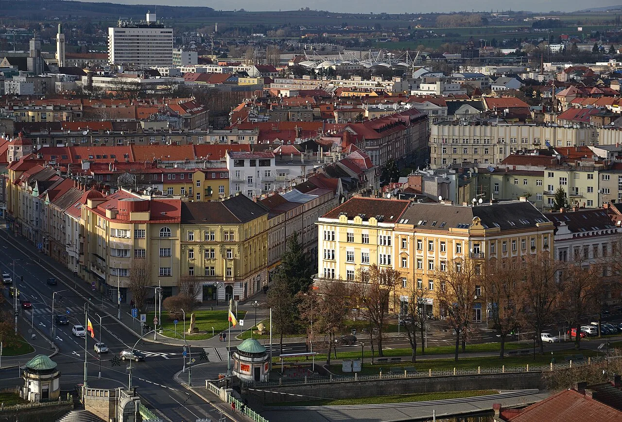 Rooftops and streets of Hradec Králové seen from above