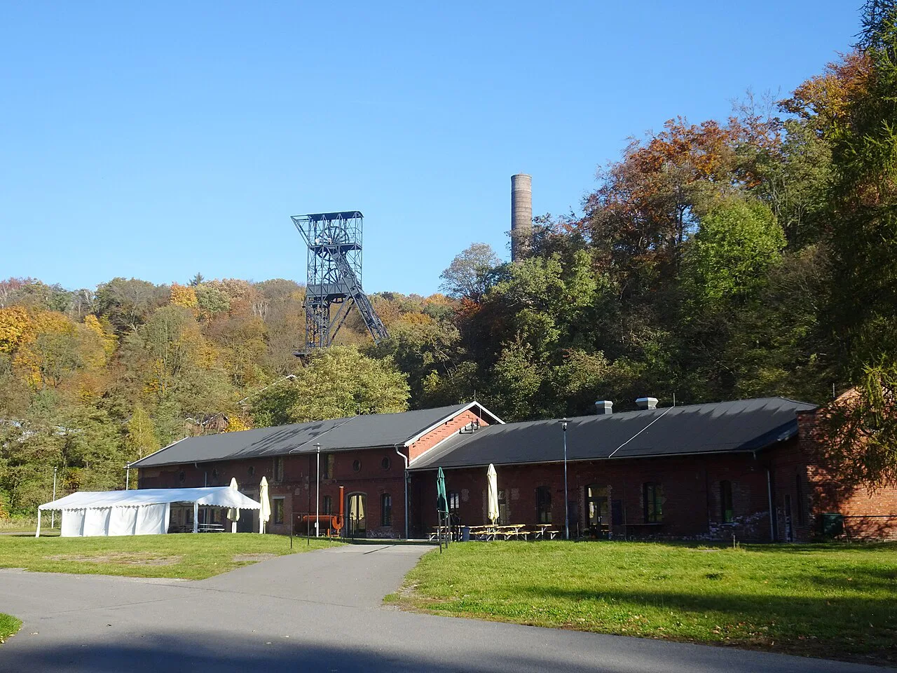 Mining buildings and a headframe at Landek Park in Ostrava.